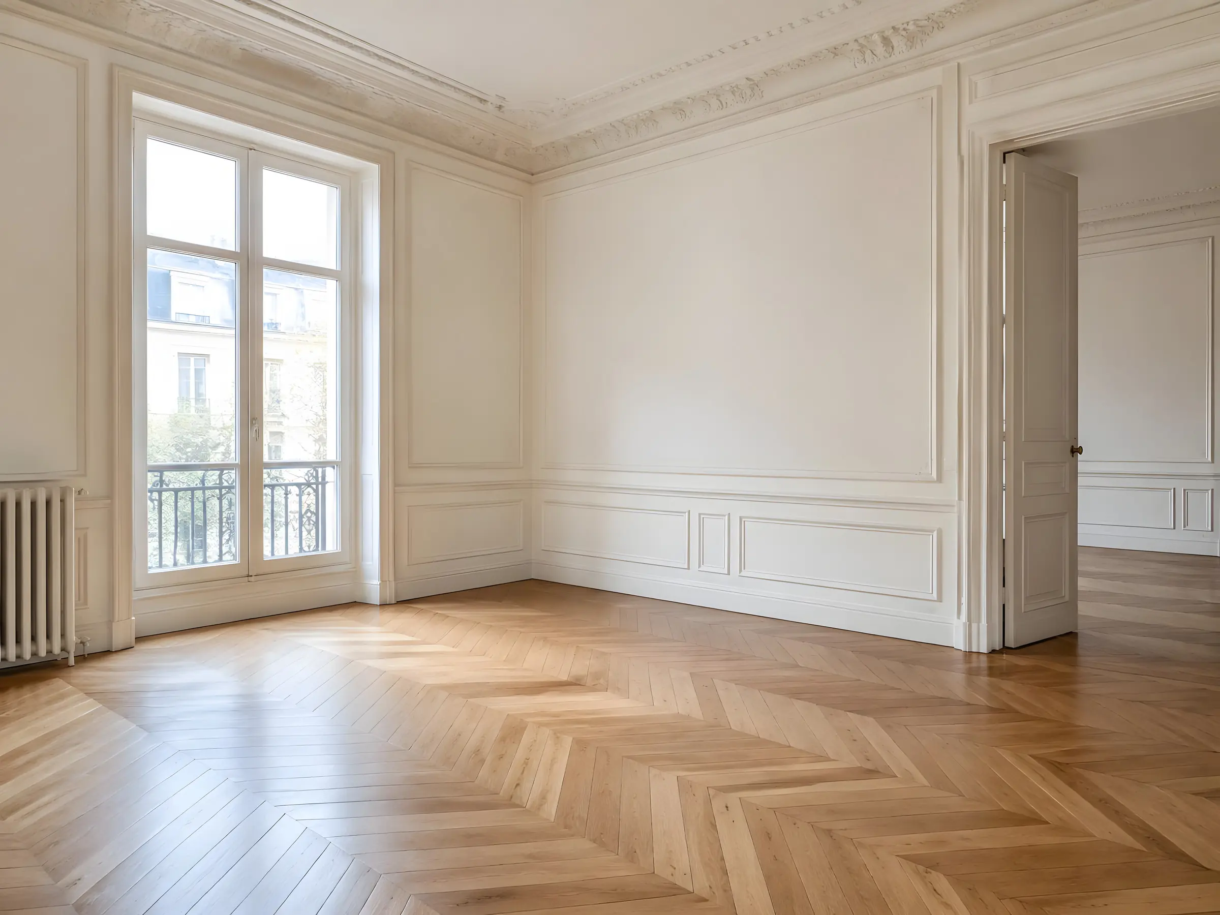 Pièce vide d’appartement ancien avec de hautes portes-fenêtres blanches
