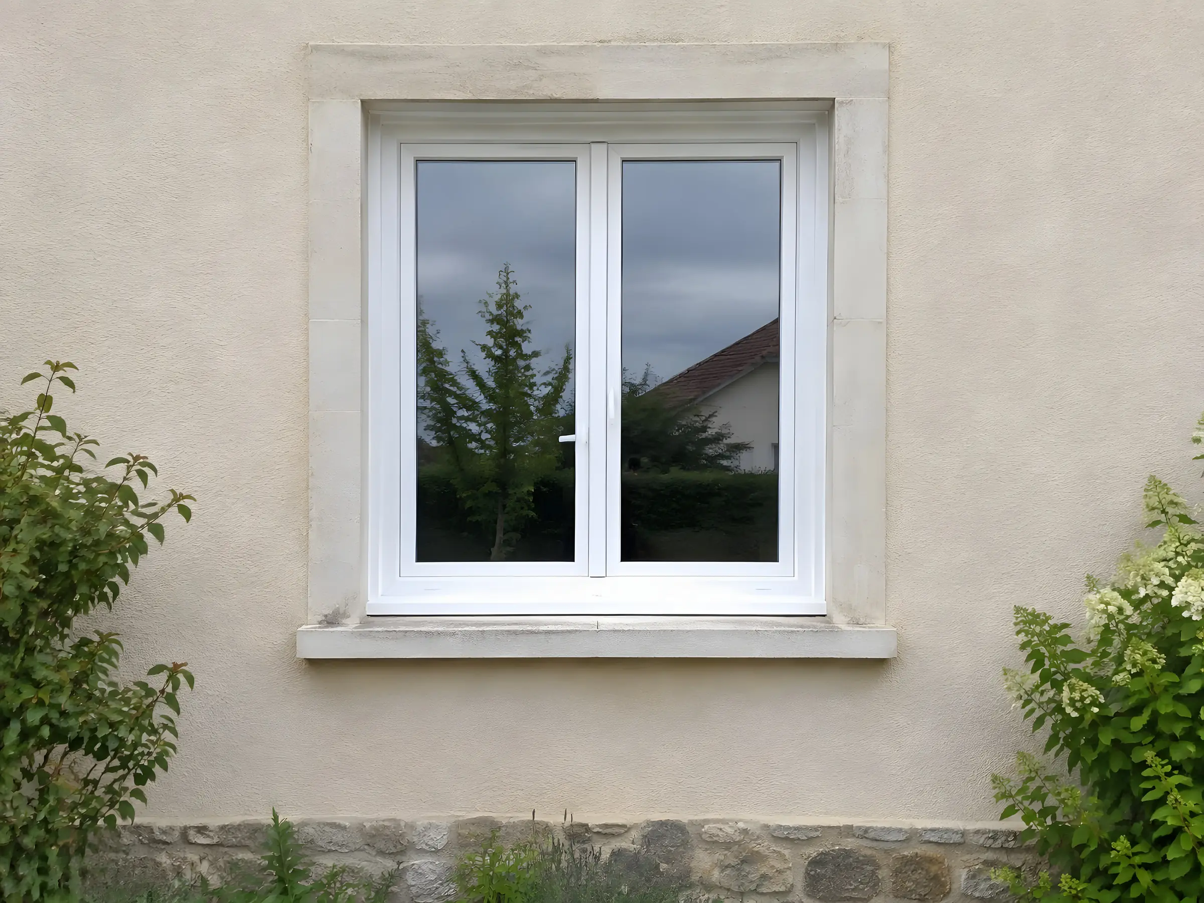 La même façade avec une fenêtre PVC blanche neuve à deux vantaux