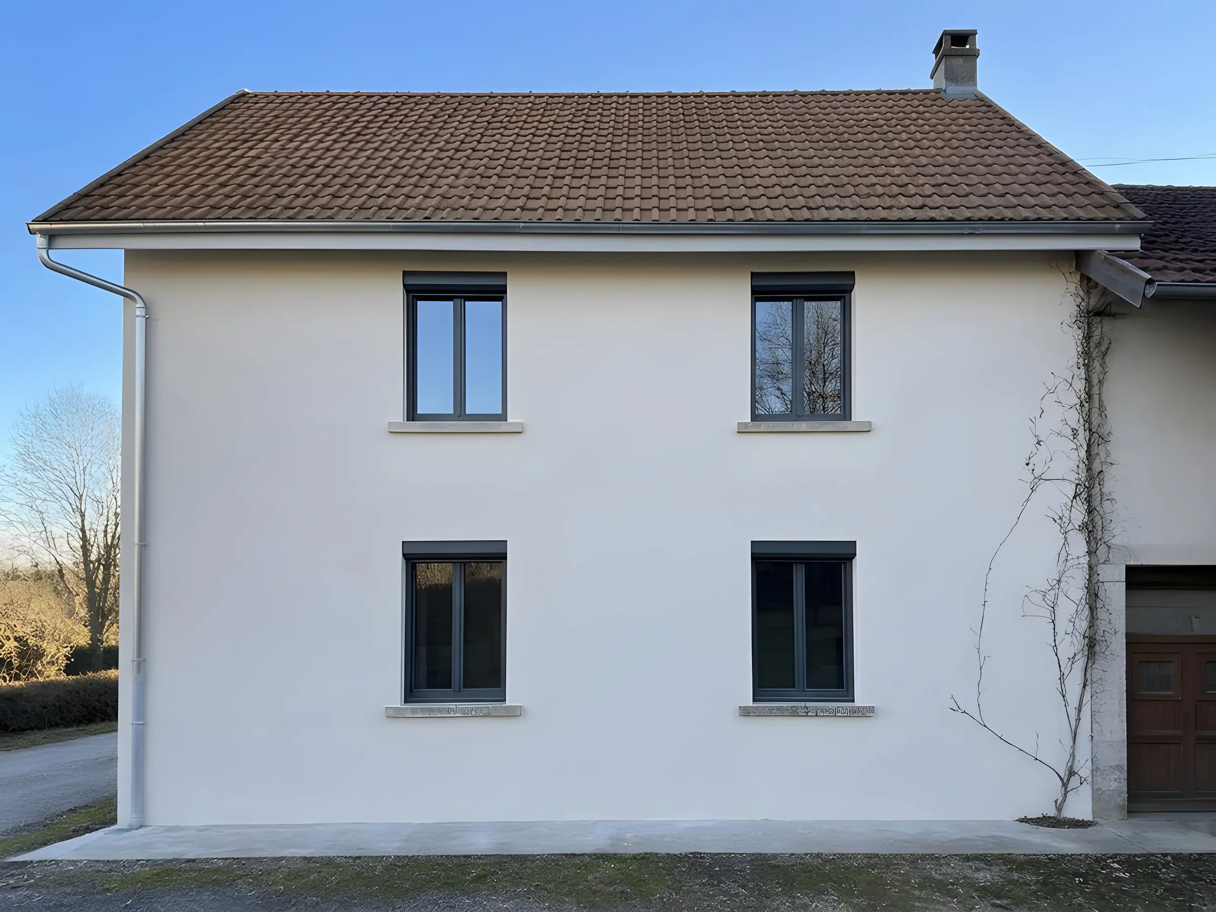 Façade de maison à étage avec des fenêtres gris anthracite