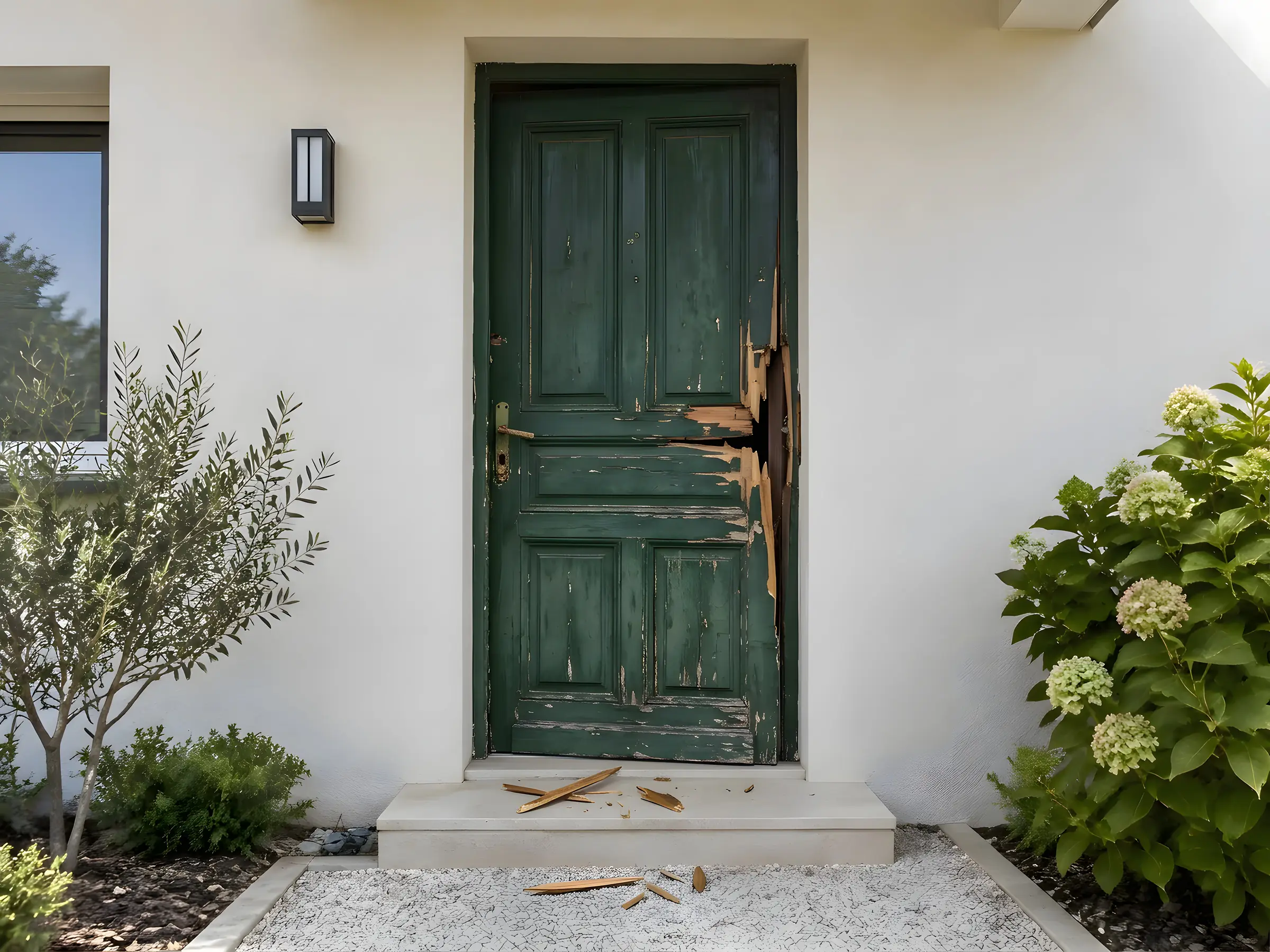 Porte d’entrée en bois forcée, cadre éclaté près de la serrure : le genre de dégât remis en état après une effraction